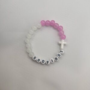 Pink and White Beaded Bracelet with Cross